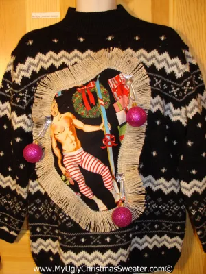 Hottie Guy Tacky Ugly Christmas Sweater Dangling Fringe & 3D Ornaments (b55)