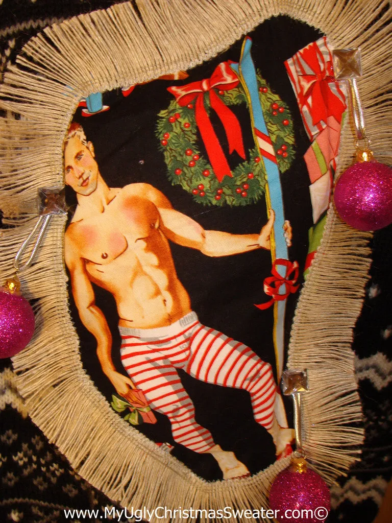 Hottie Guy Tacky Ugly Christmas Sweater Dangling Fringe & 3D Ornaments (b55)