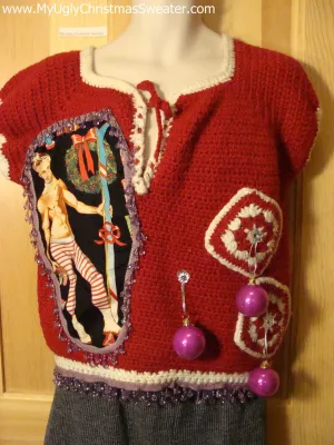 Hottie Guy Tacky Ugly Christmas Sweater Dangling Fringe & 3D Ornaments (b7)