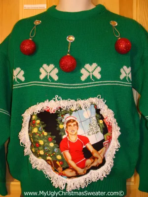 Hottie Guy Tacky Ugly Christmas Sweater Dangling Fringe & 3D Ornaments. Irish Shamrocks. (b26)