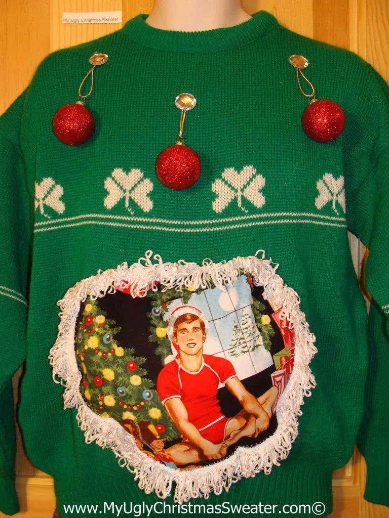 Hottie Guy Tacky Ugly Christmas Sweater Dangling Fringe & 3D Ornaments. Irish Shamrocks. (b26)