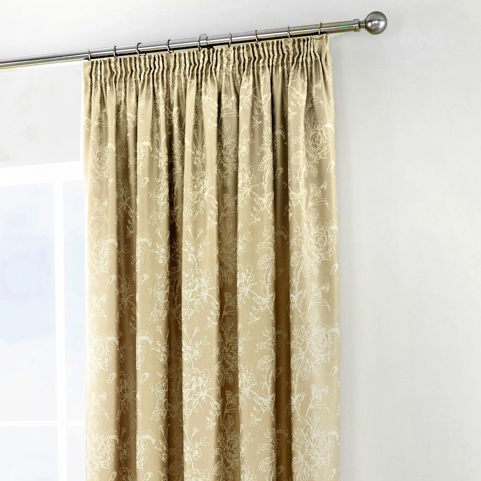 Jasmine Pair of Pencil Pleat Curtains With Tie-Backs by Dreams & Drapes Woven in Champagne