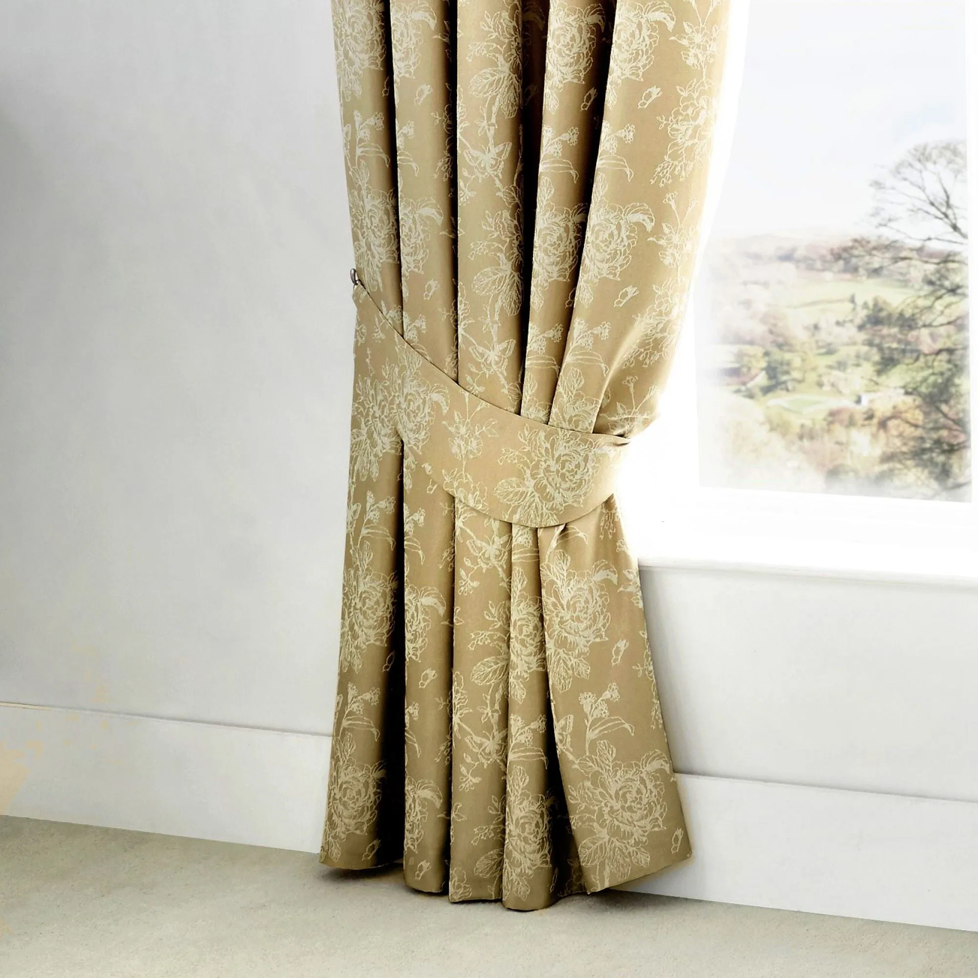 Jasmine Pair of Pencil Pleat Curtains With Tie-Backs by Dreams & Drapes Woven in Champagne