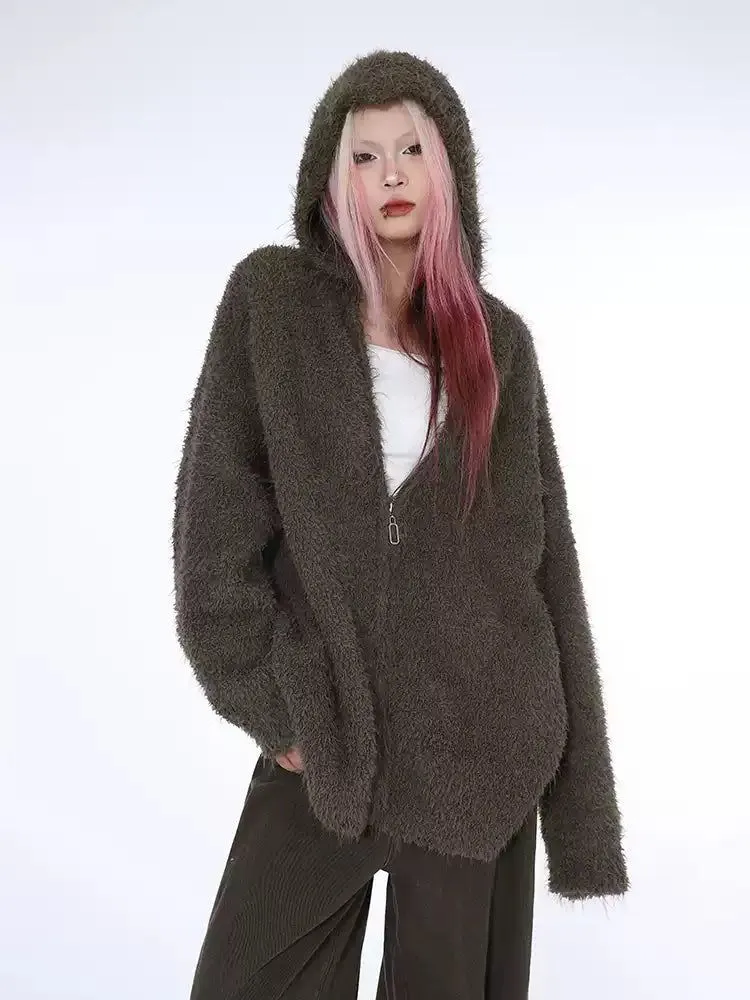 Lazy Fuzzy Hooded Zipped Sweater