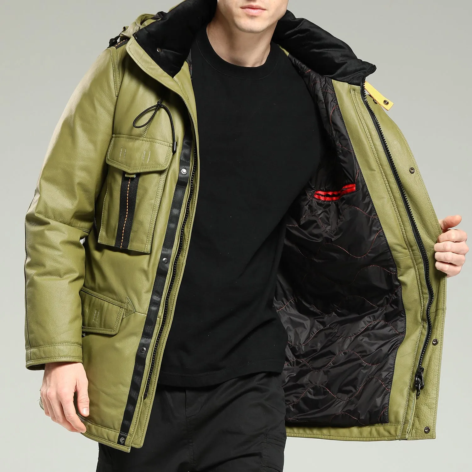 Leather Down Jacket - Men's Long Green Hooded Cowhide Down Jacket