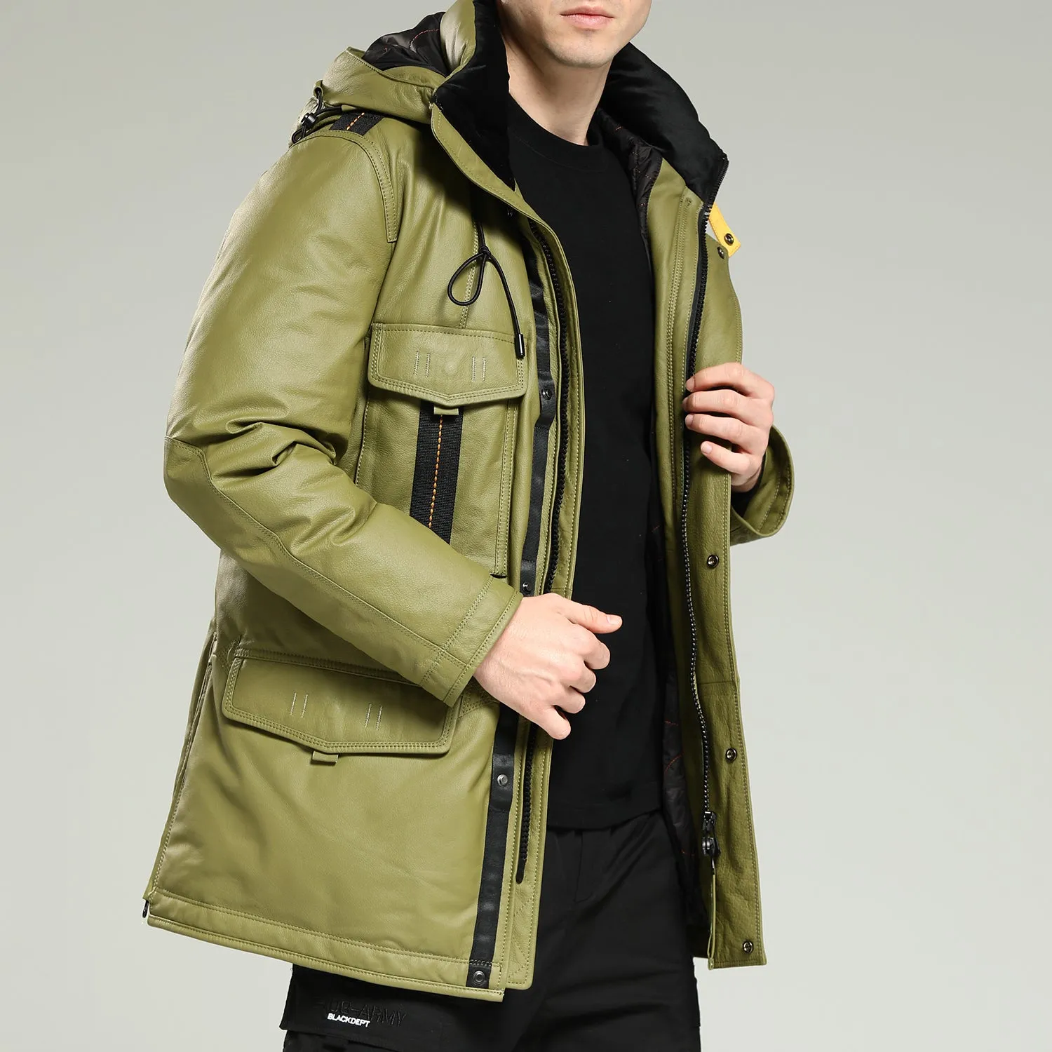 Leather Down Jacket - Men's Long Green Hooded Cowhide Down Jacket