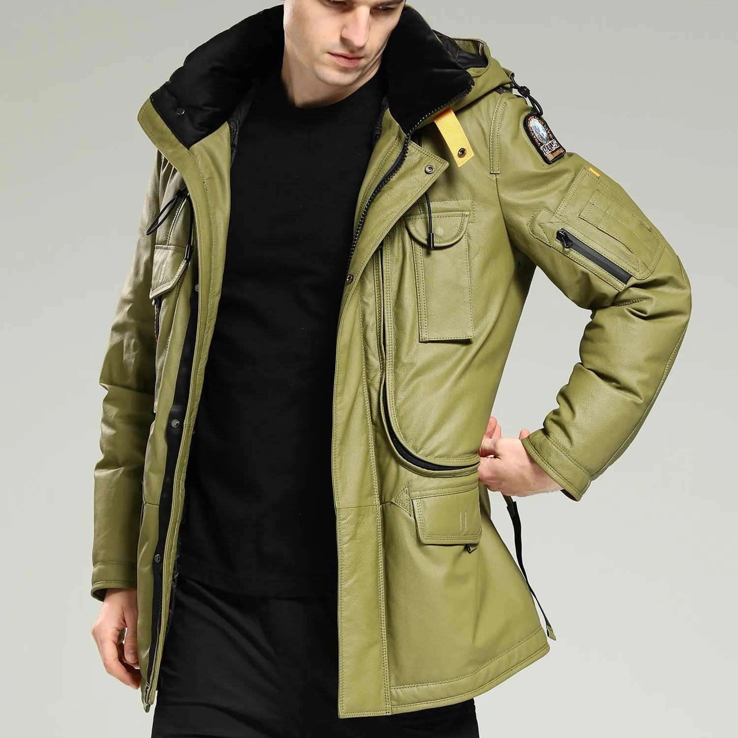 Leather Down Jacket - Men's Long Green Hooded Cowhide Down Jacket