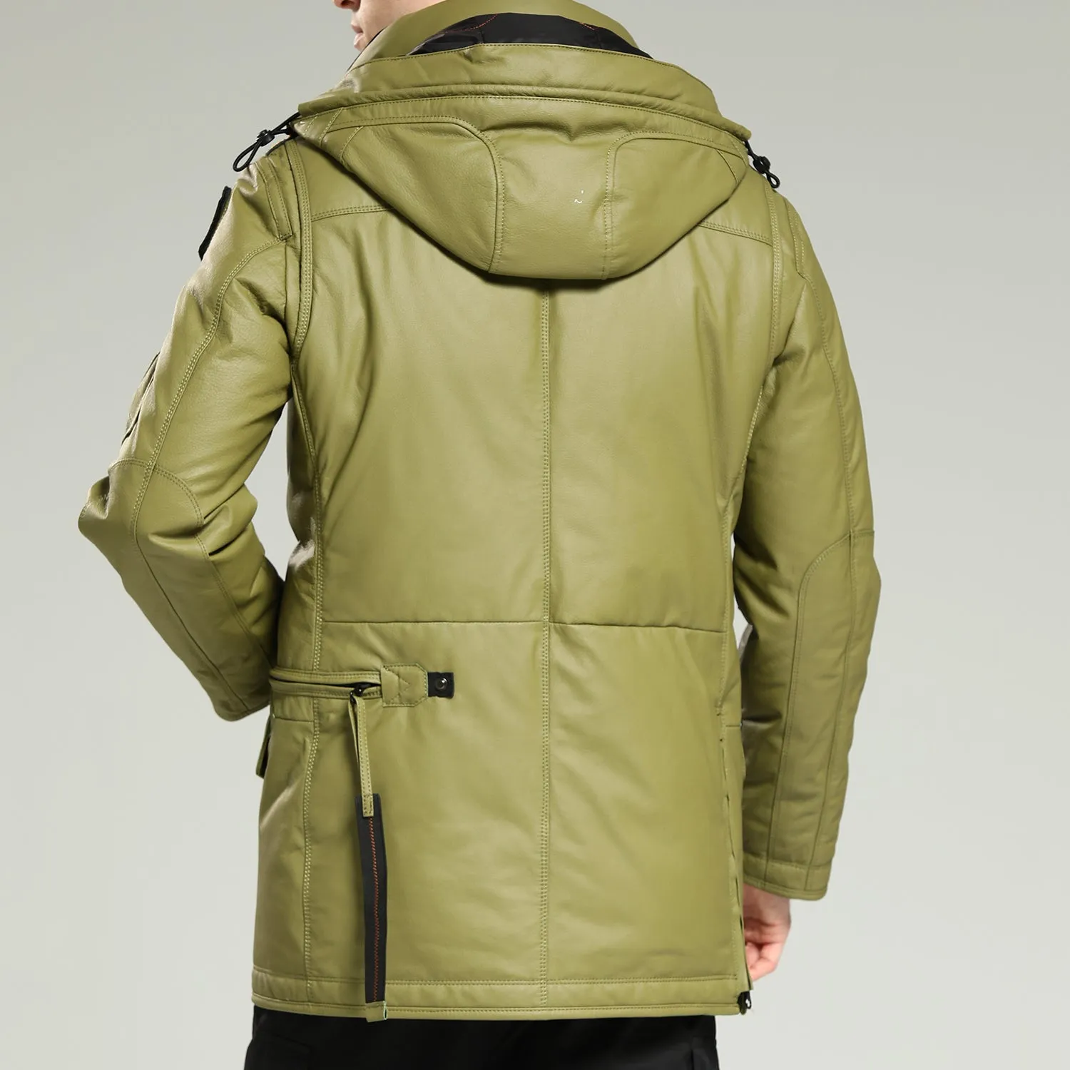 Leather Down Jacket - Men's Long Green Hooded Cowhide Down Jacket