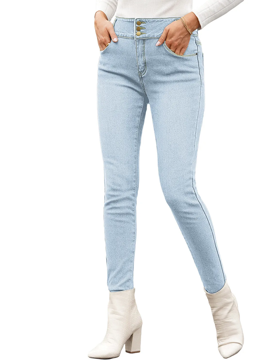 Light BlueTriple Button Fleece-Lined Skinny Denim Jeans