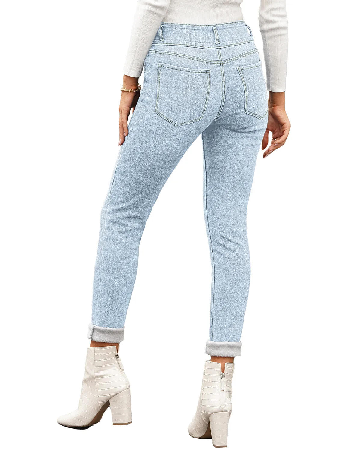 Light BlueTriple Button Fleece-Lined Skinny Denim Jeans