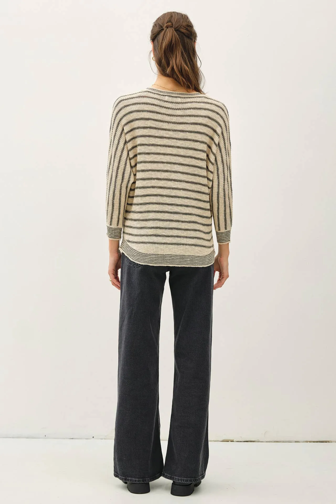 LIGHT STRIPED WAFFLE KNIT DOLMAN SLEEVE SWEATER