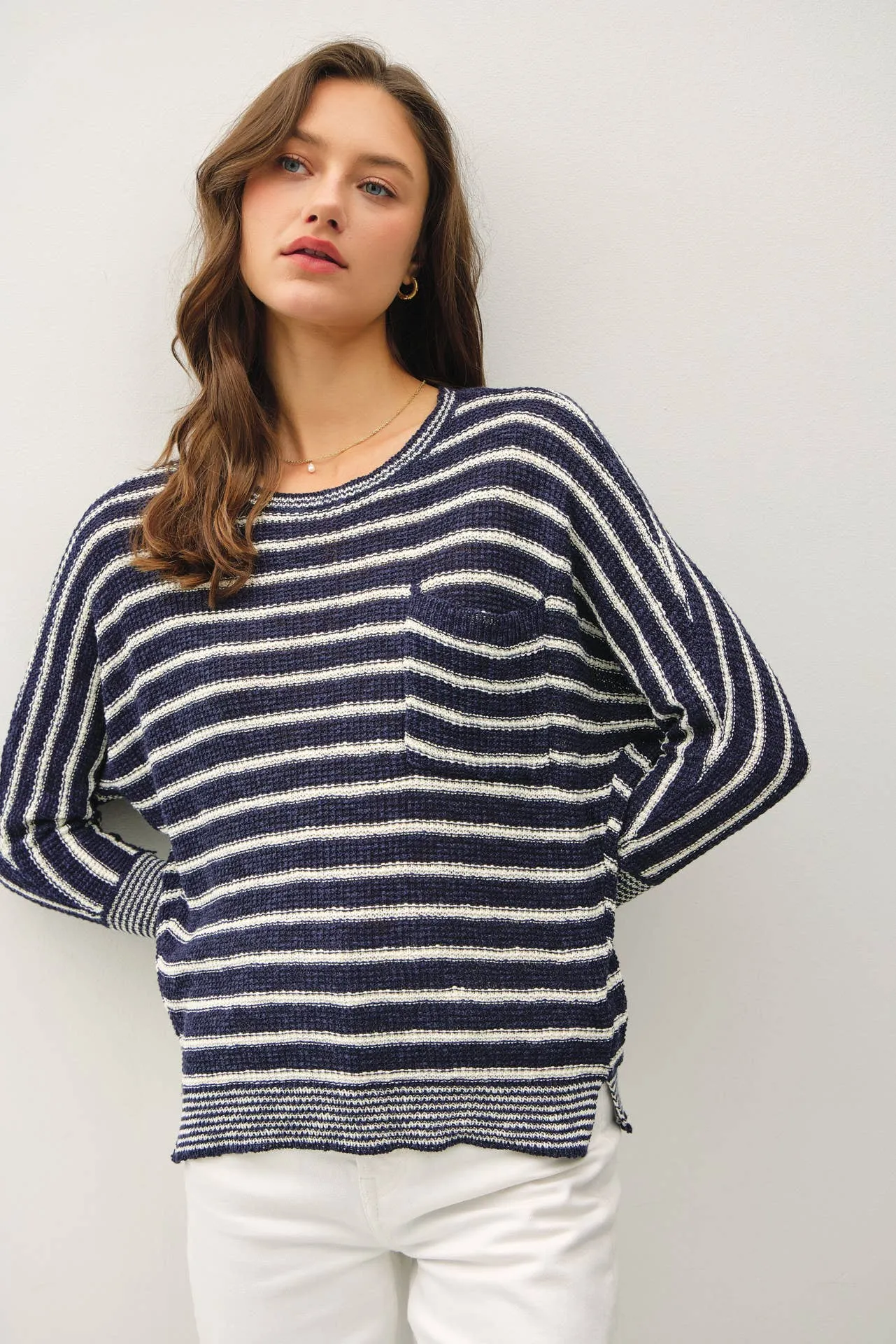 LIGHT STRIPED WAFFLE KNIT DOLMAN SLEEVE SWEATER