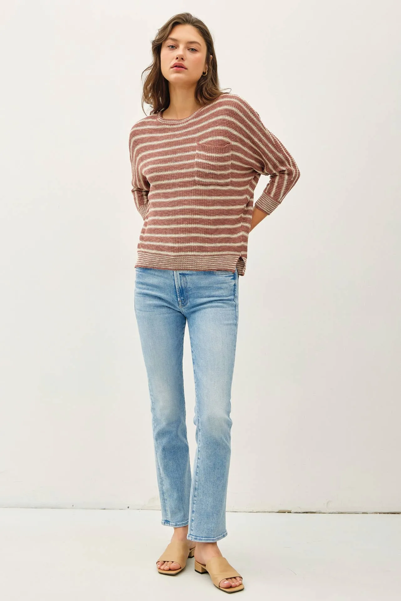 LIGHT STRIPED WAFFLE KNIT DOLMAN SLEEVE SWEATER