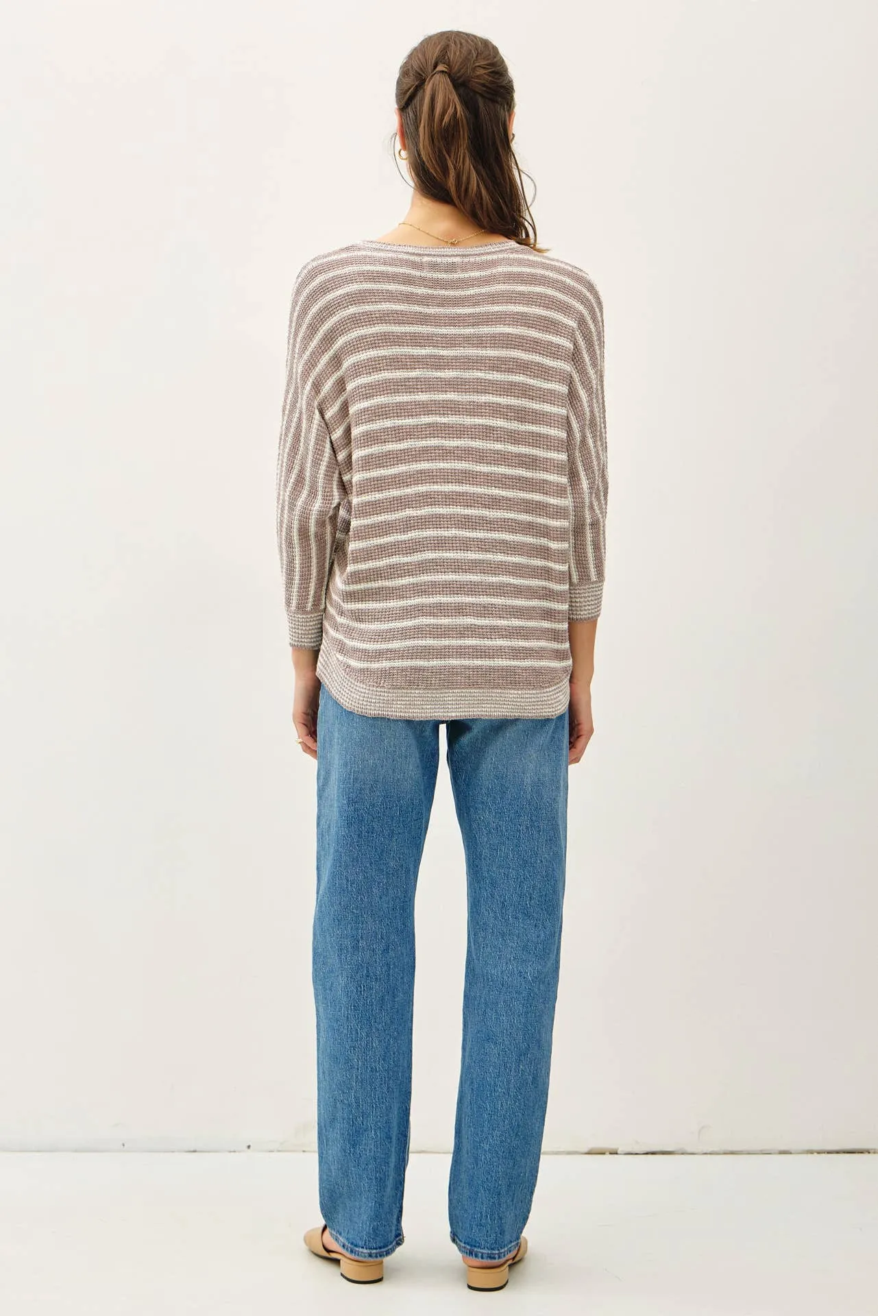 LIGHT STRIPED WAFFLE KNIT DOLMAN SLEEVE SWEATER