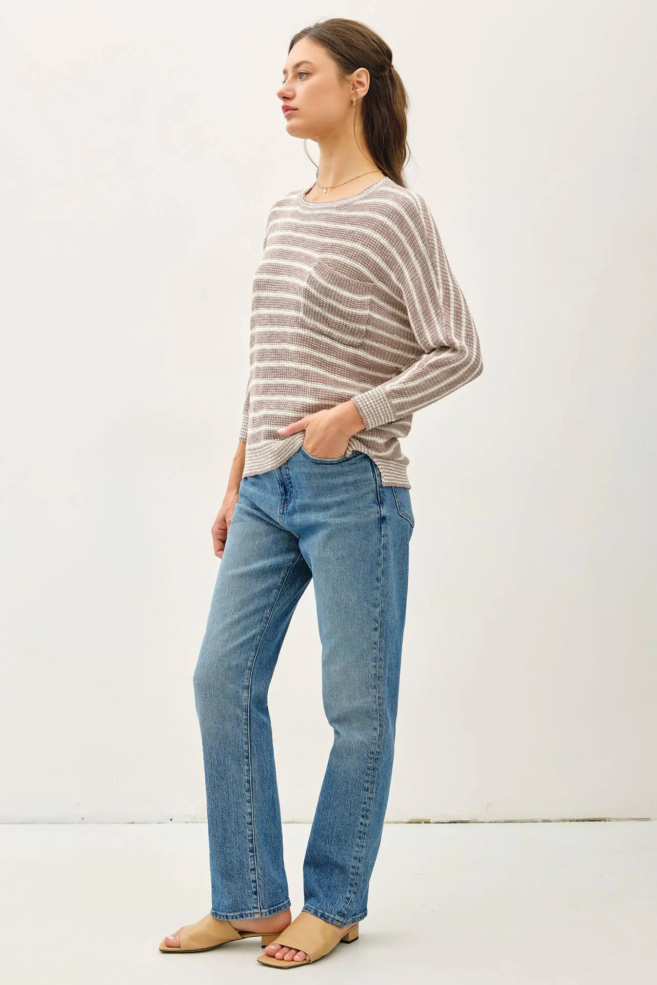 LIGHT STRIPED WAFFLE KNIT DOLMAN SLEEVE SWEATER