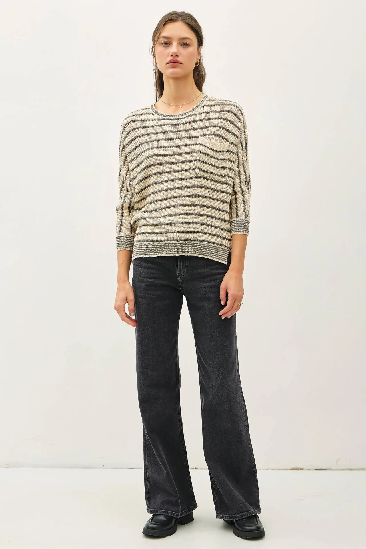 LIGHT STRIPED WAFFLE KNIT DOLMAN SLEEVE SWEATER