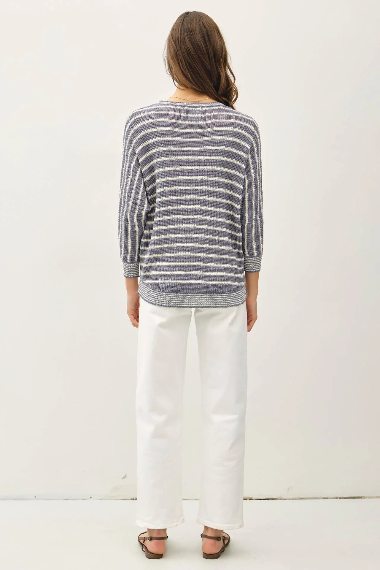 LIGHT STRIPED WAFFLE KNIT DOLMAN SLEEVE SWEATER