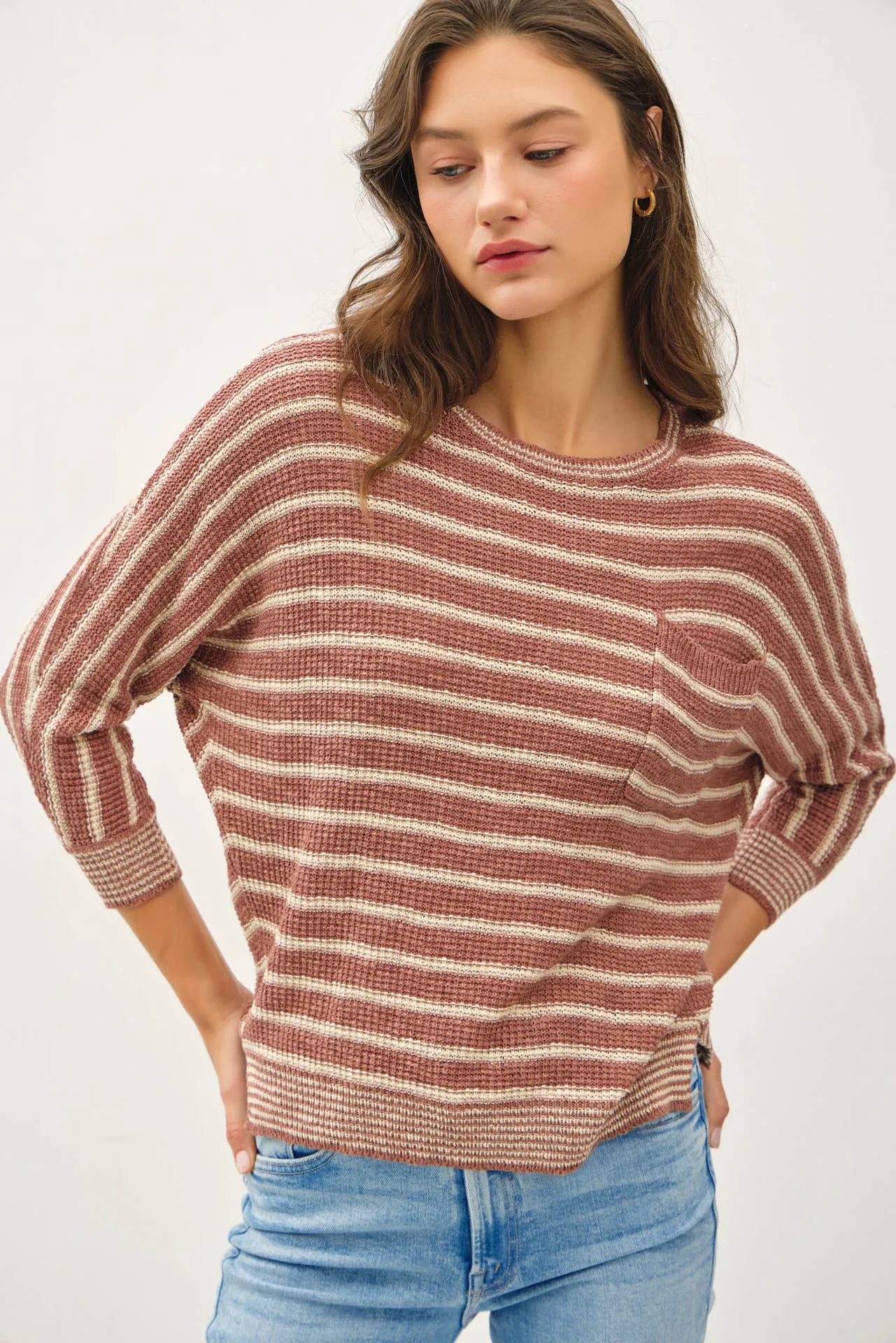 LIGHT STRIPED WAFFLE KNIT DOLMAN SLEEVE SWEATER