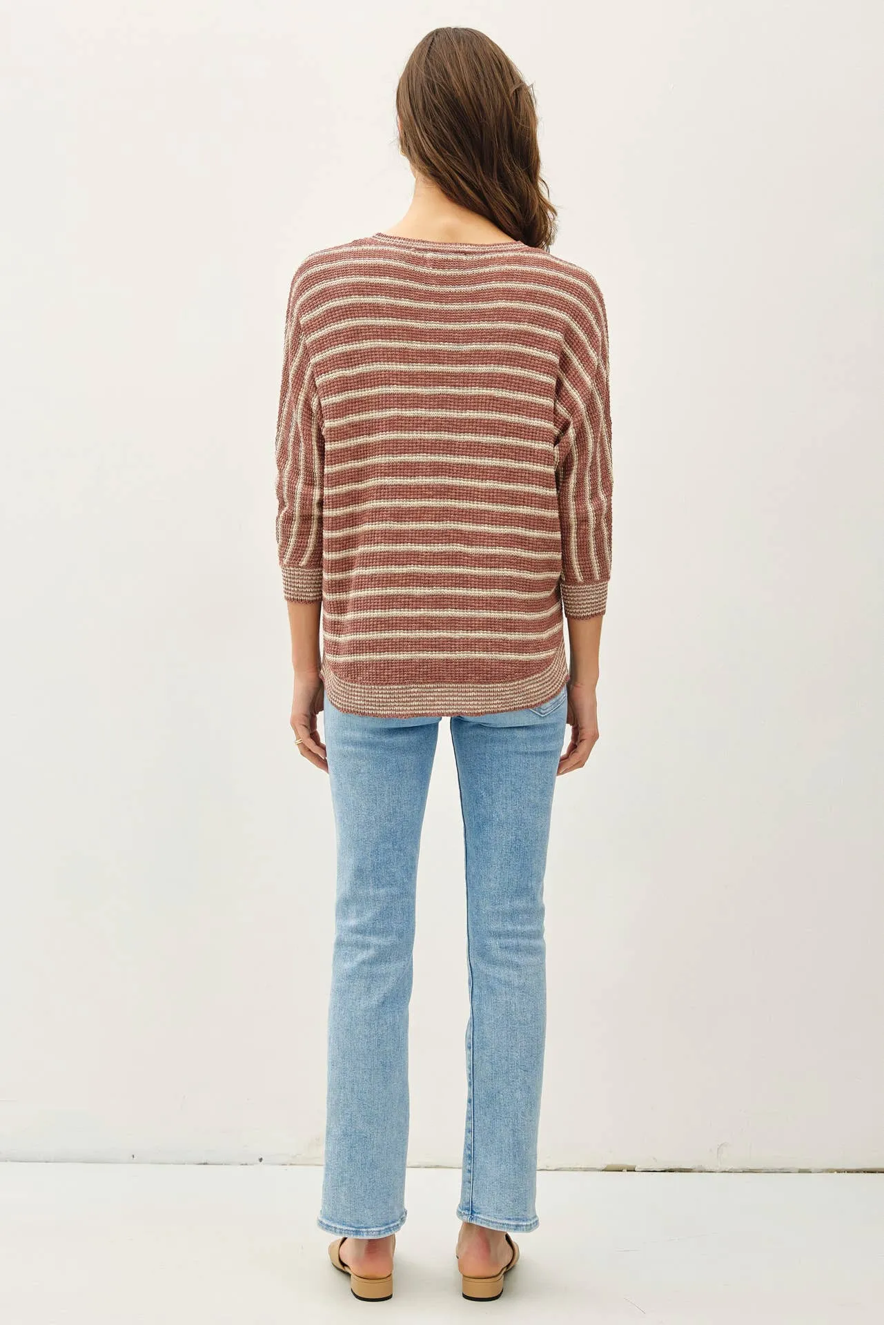 LIGHT STRIPED WAFFLE KNIT DOLMAN SLEEVE SWEATER