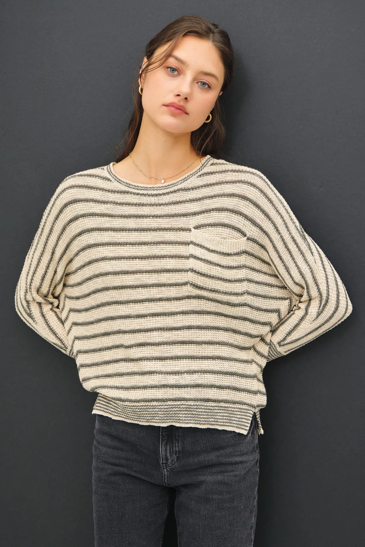 LIGHT STRIPED WAFFLE KNIT DOLMAN SLEEVE SWEATER