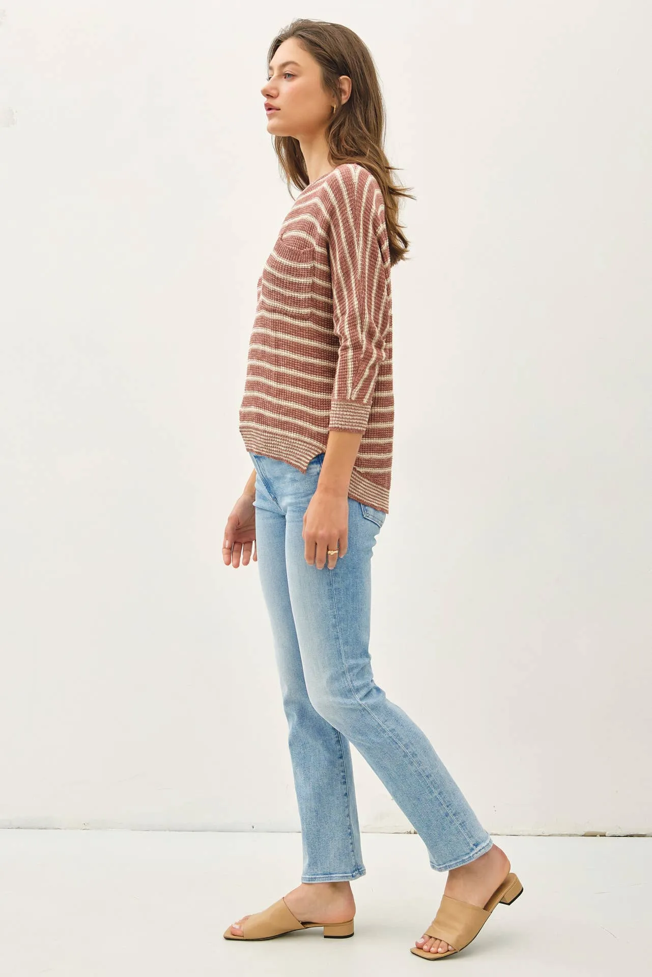 LIGHT STRIPED WAFFLE KNIT DOLMAN SLEEVE SWEATER