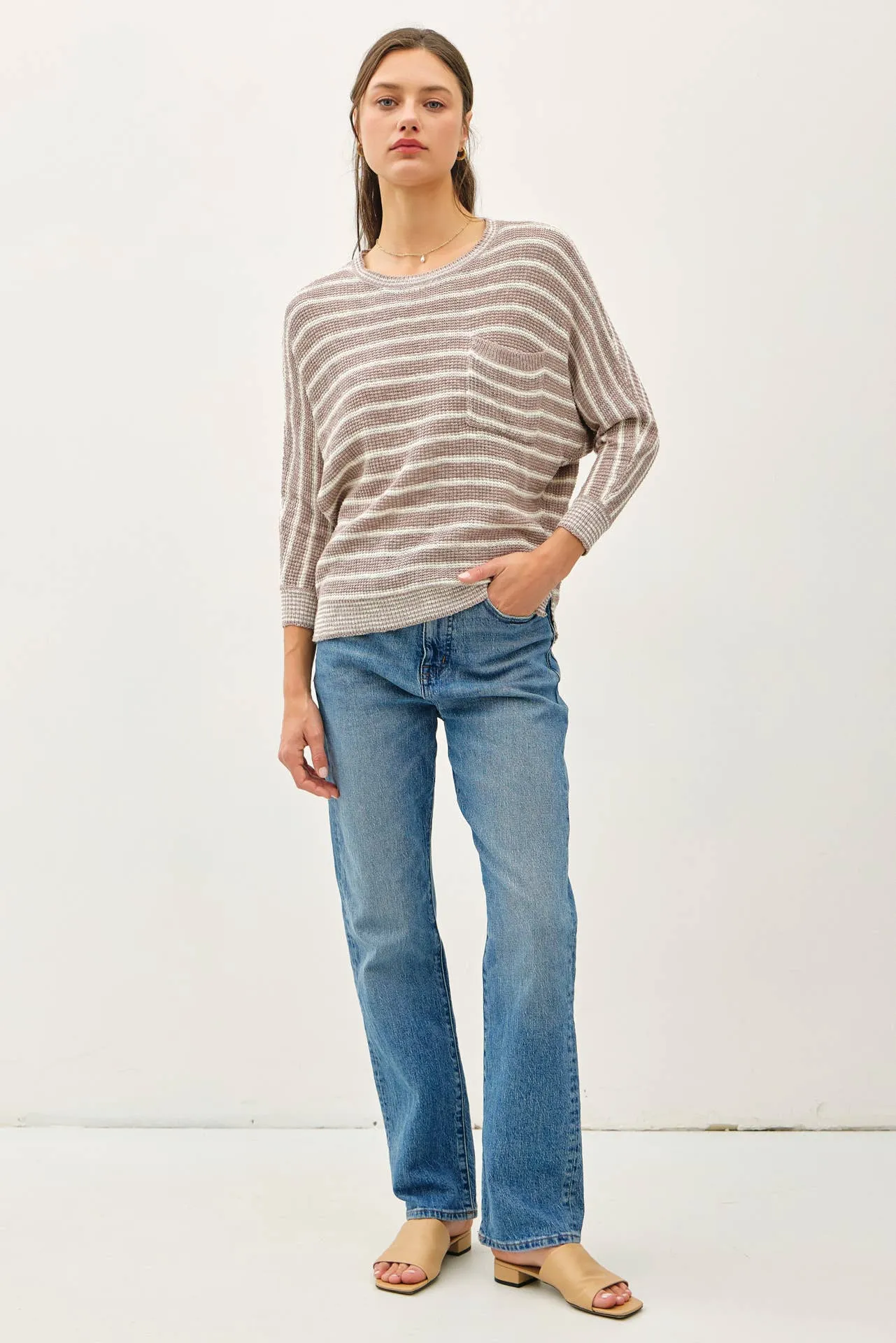 LIGHT STRIPED WAFFLE KNIT DOLMAN SLEEVE SWEATER