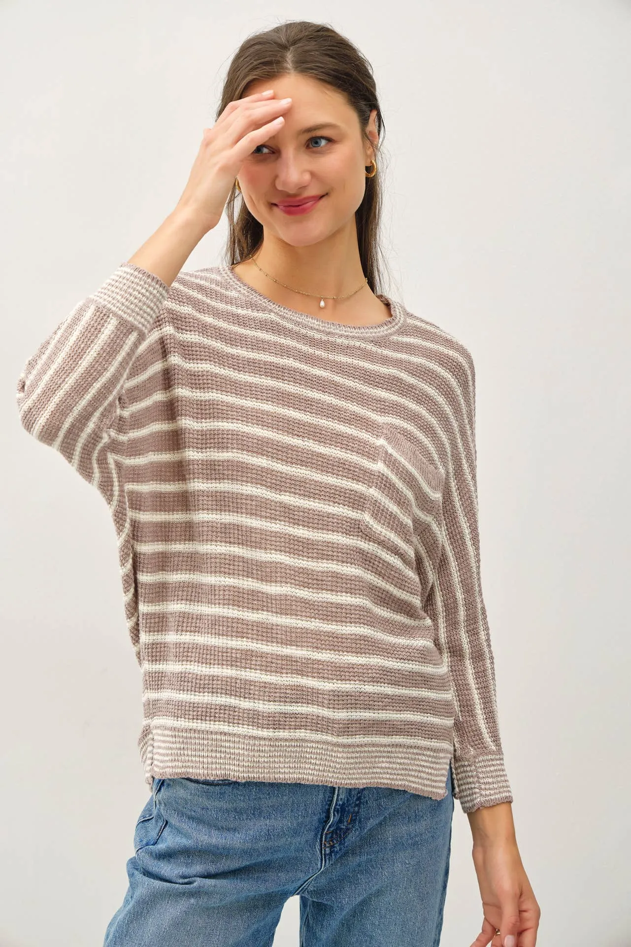 LIGHT STRIPED WAFFLE KNIT DOLMAN SLEEVE SWEATER