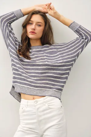 LIGHT STRIPED WAFFLE KNIT DOLMAN SLEEVE SWEATER