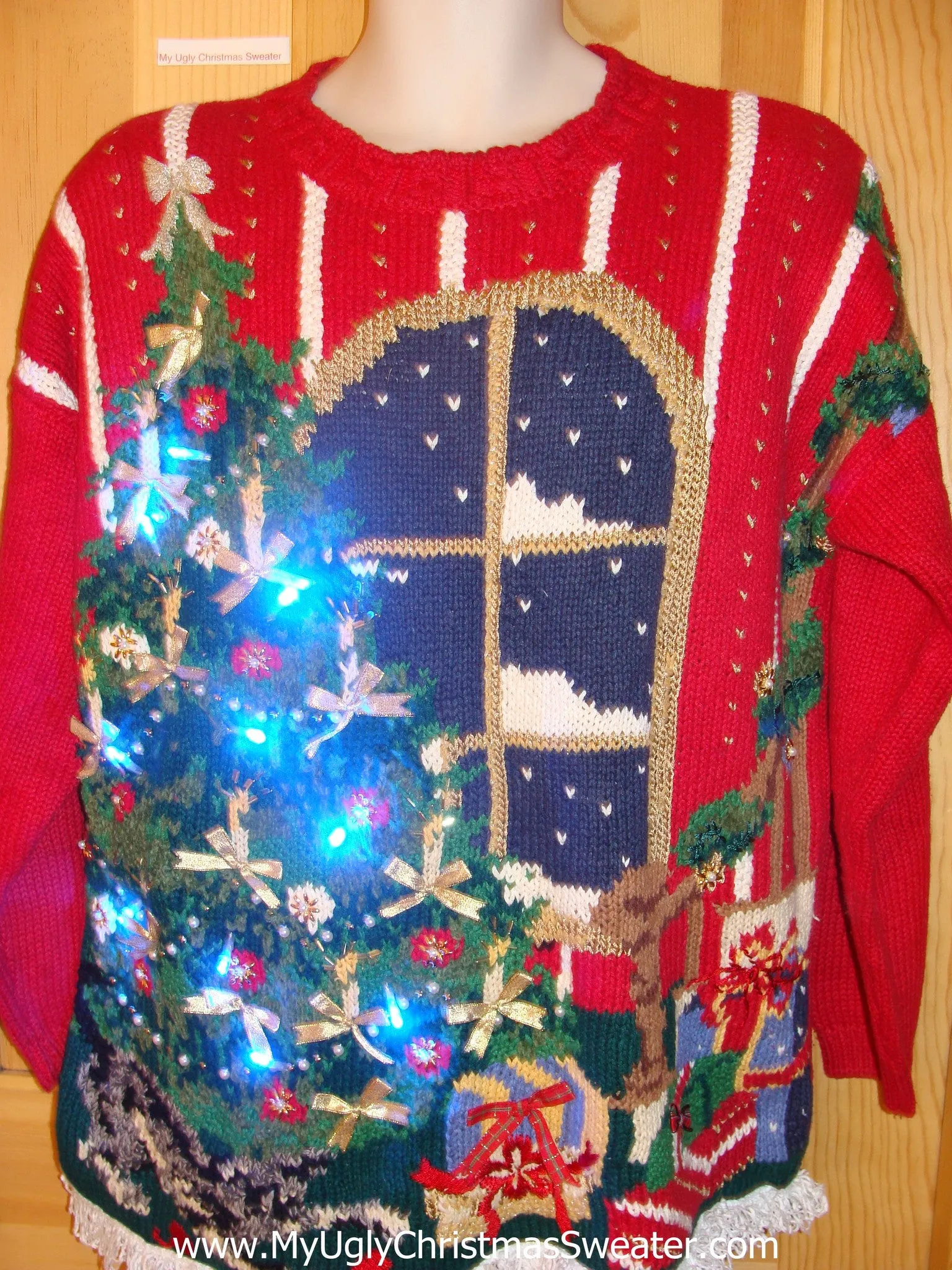 Light Up Ugly Xmas Sweater 80s Tree, Window, Wallpaper