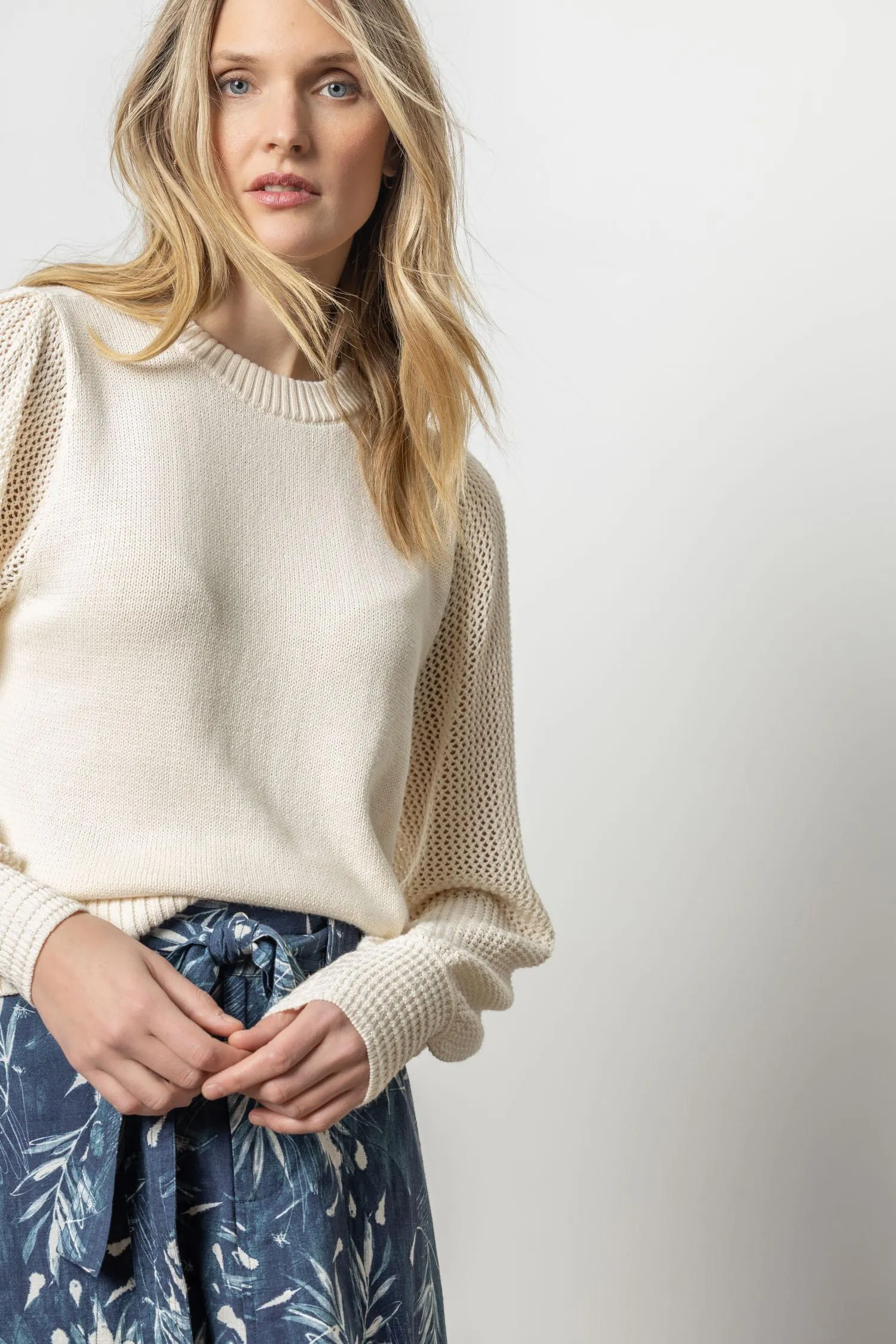 Lilla P Pointelle Sleeve Sweater