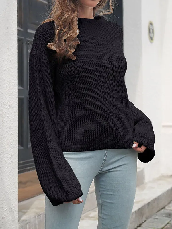 Long Sleeves Loose Hollow Solid Color Split-Joint Round-Neck Sweater