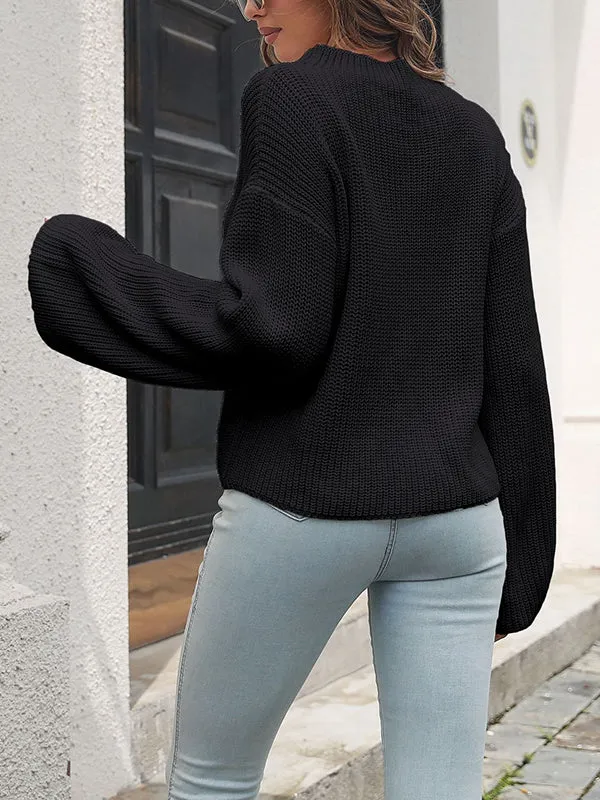 Long Sleeves Loose Hollow Solid Color Split-Joint Round-Neck Sweater