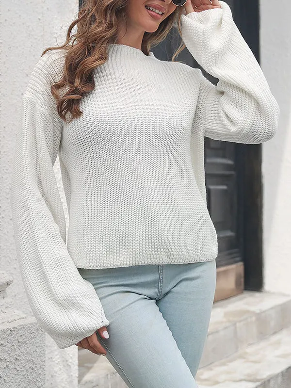 Long Sleeves Loose Hollow Solid Color Split-Joint Round-Neck Sweater