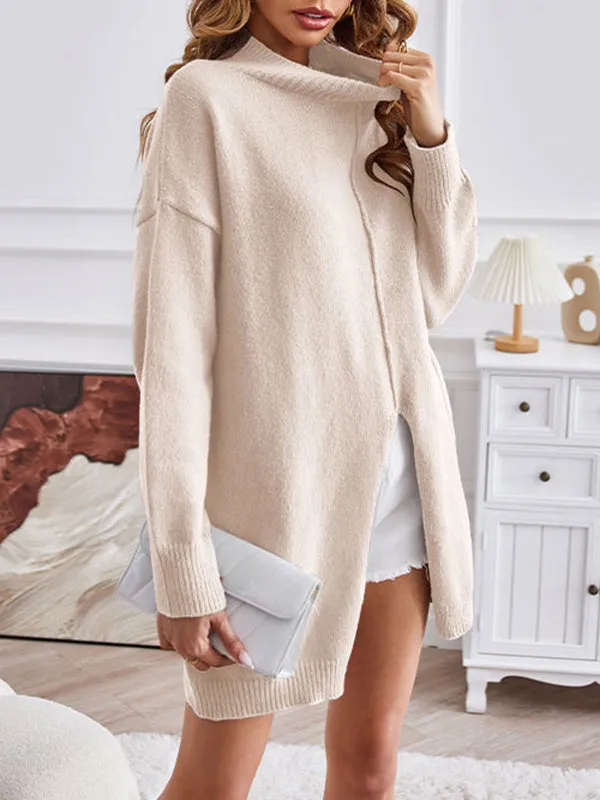 Long Sleeves Loose Solid Color Split-Front Velvet Mock Neck Pullovers Sweater Tops