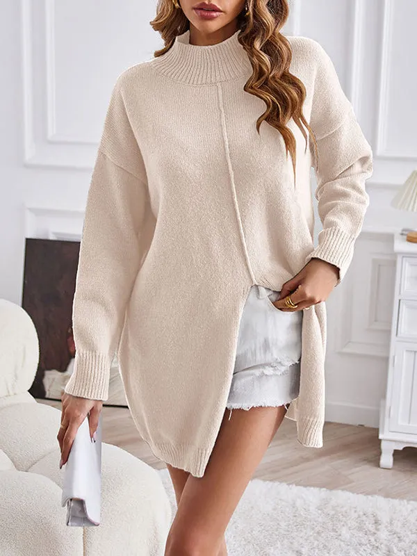 Long Sleeves Loose Solid Color Split-Front Velvet Mock Neck Pullovers Sweater Tops