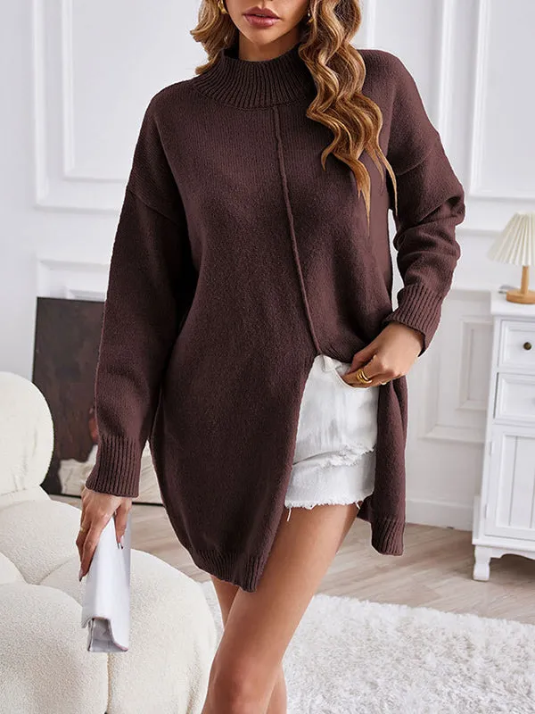 Long Sleeves Loose Solid Color Split-Front Velvet Mock Neck Pullovers Sweater Tops