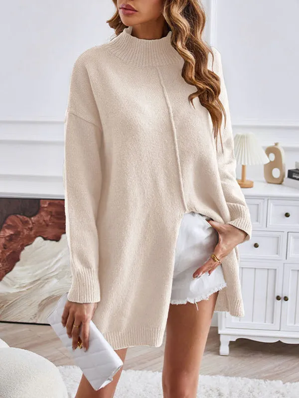 Long Sleeves Loose Solid Color Split-Front Velvet Mock Neck Pullovers Sweater Tops