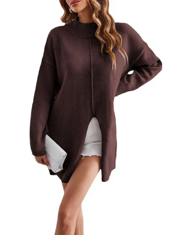 Long Sleeves Loose Solid Color Split-Front Velvet Mock Neck Pullovers Sweater Tops