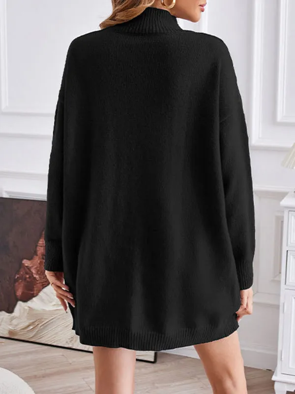 Long Sleeves Loose Solid Color Split-Front Velvet Mock Neck Pullovers Sweater Tops