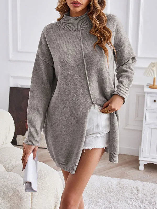 Long Sleeves Loose Solid Color Split-Front Velvet Mock Neck Pullovers Sweater Tops