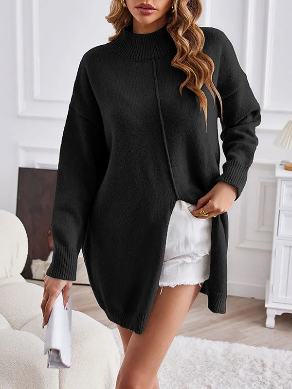 Long Sleeves Loose Solid Color Split-Front Velvet Mock Neck Pullovers Sweater Tops