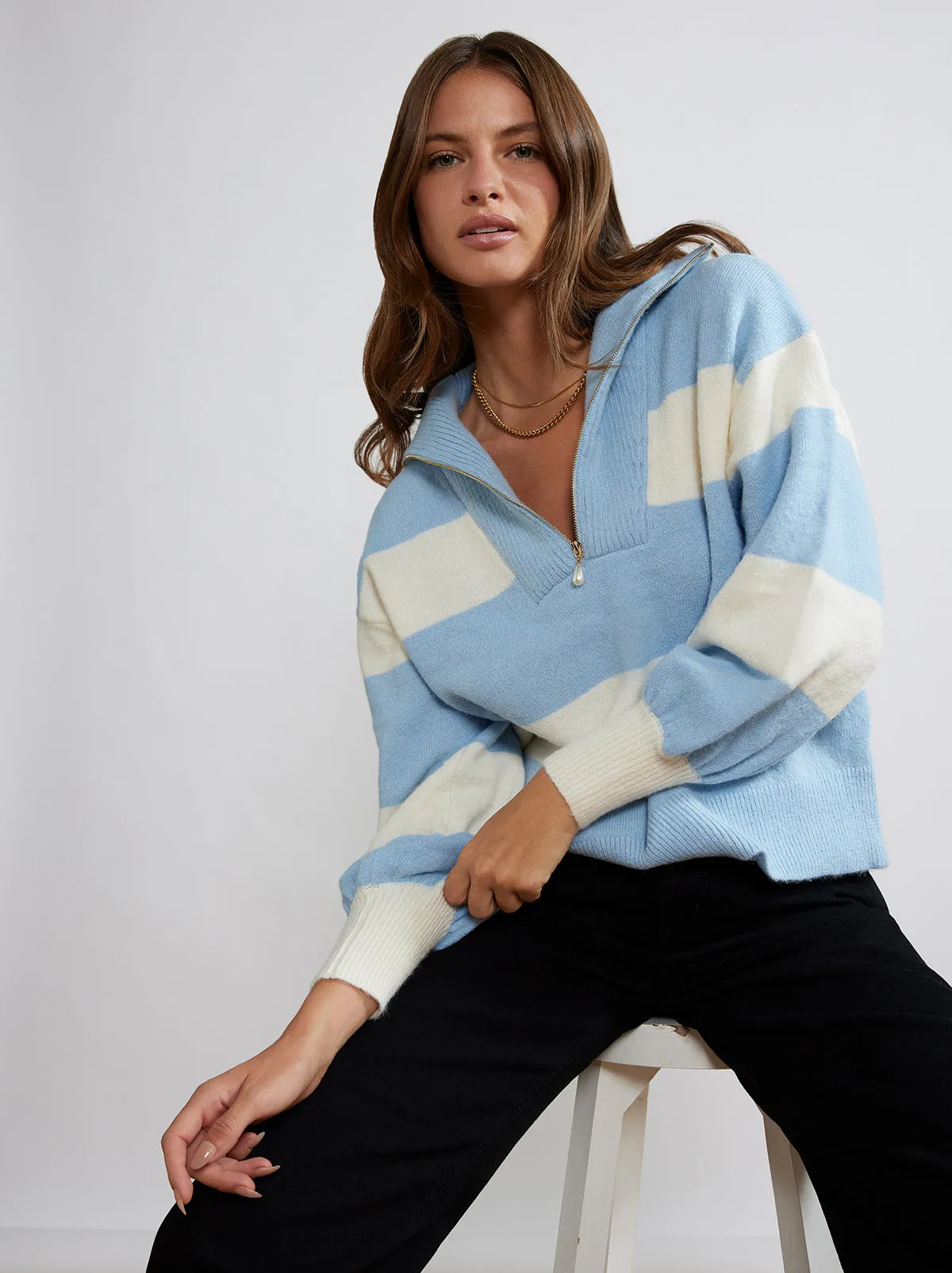 Lorna Blue Striped Alpaca Blend Zip Collar Sweater