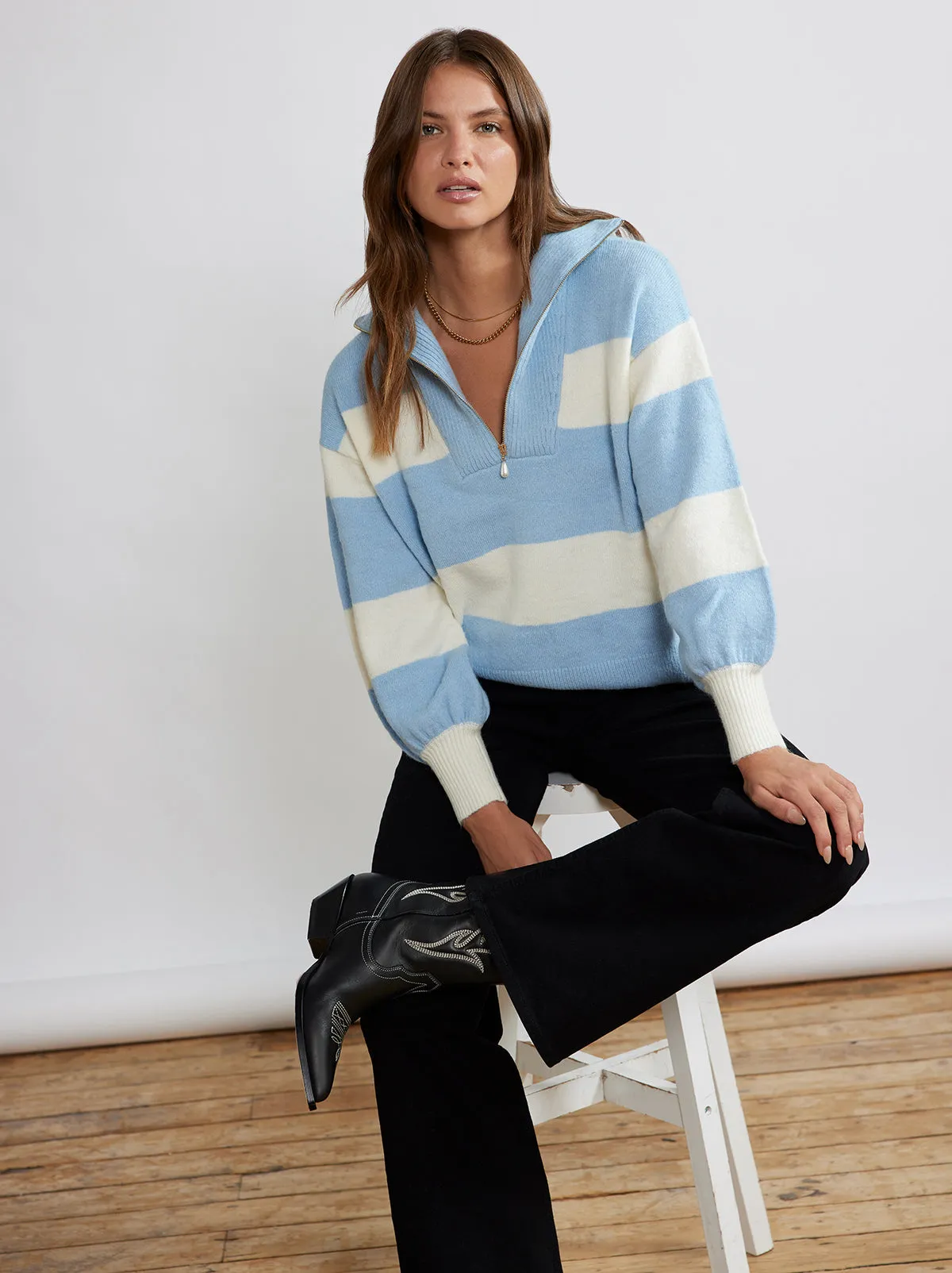 Lorna Blue Striped Alpaca Blend Zip Collar Sweater