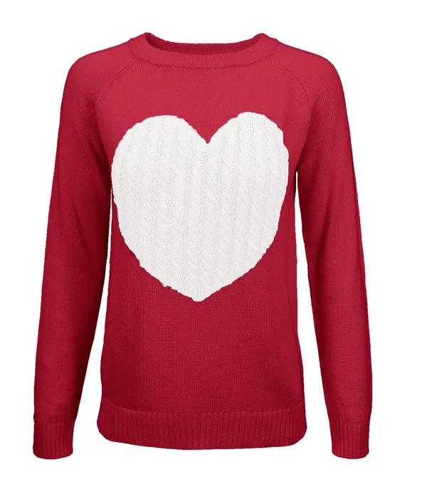 Love Heart Jacquard Round Neck Pullover Sweater