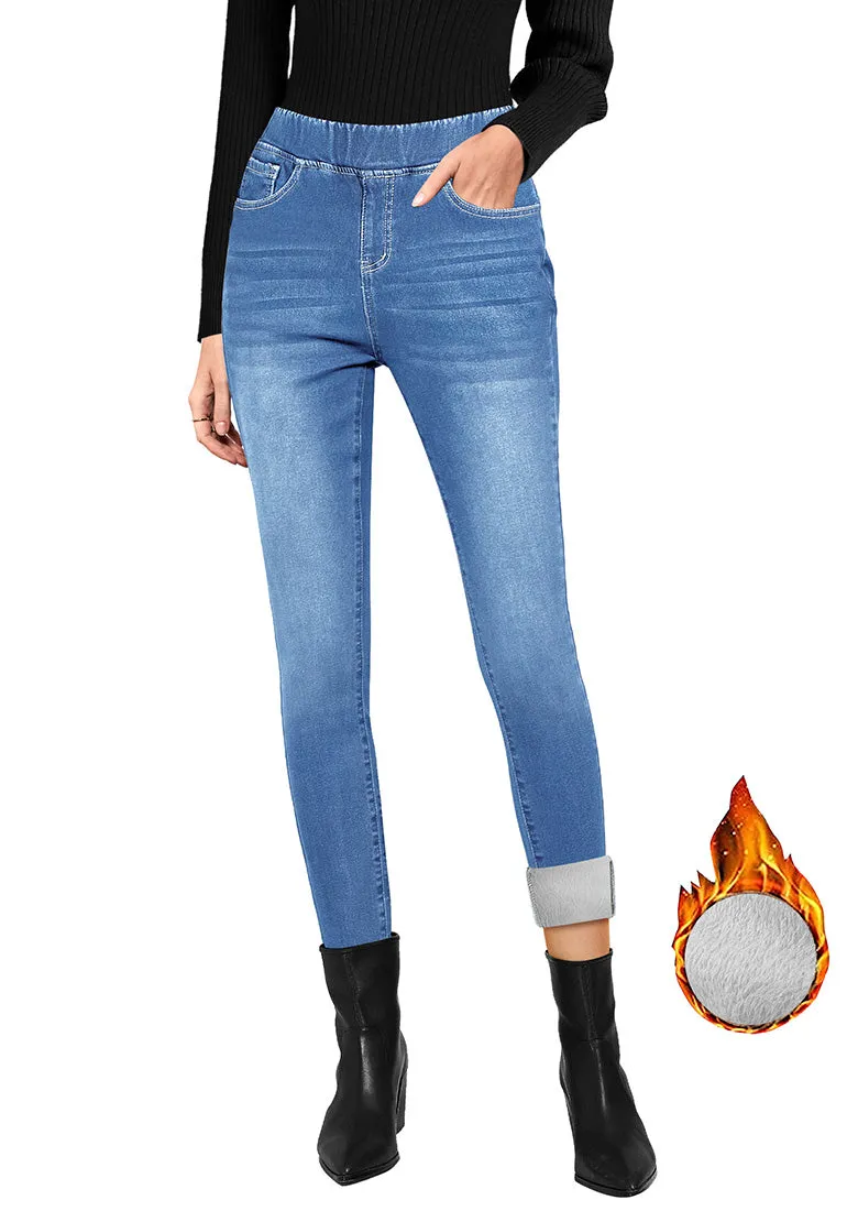 Medium Blue Women's High Waisted Fleece Lined Thermal Skinny Denim Pants