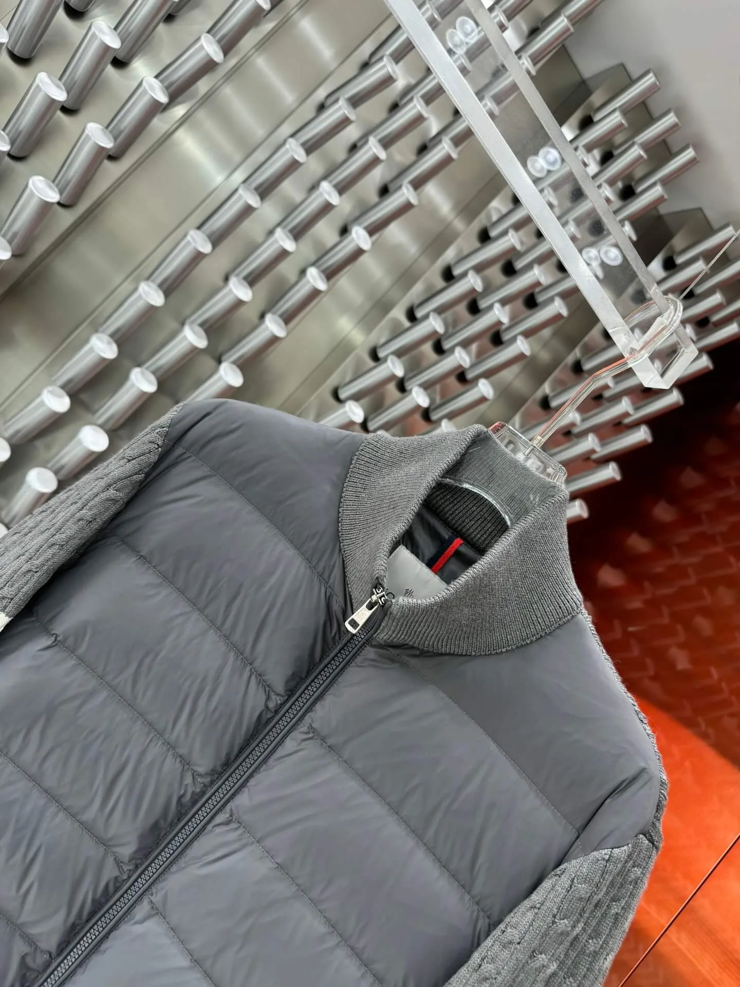 Moncler Knit-Sleeve Charcoal Grey Down Jacket