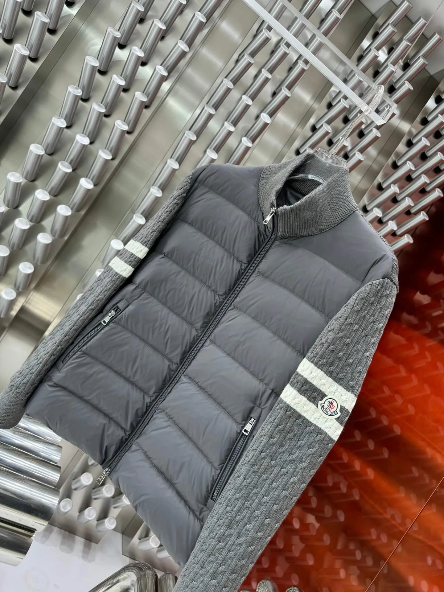 Moncler Knit-Sleeve Charcoal Grey Down Jacket