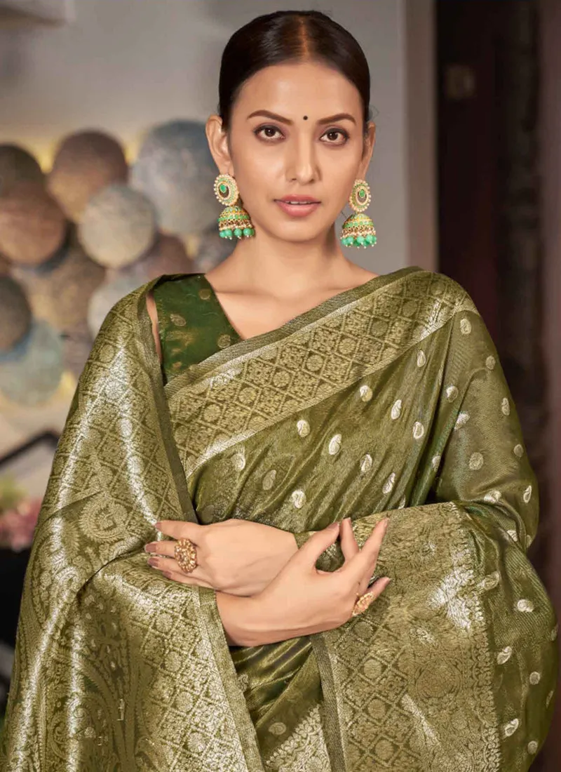 Olive Green Jacquard Silk Festive Saree