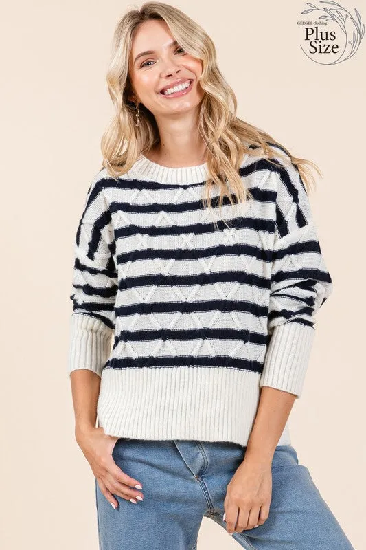 Plus Size Loose Fit Striped Argyle Knit Sweater