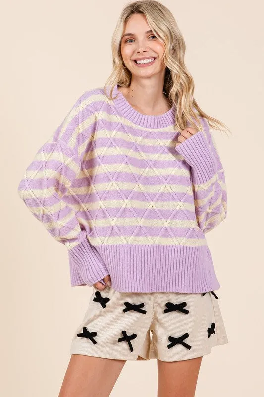 Plus Size Loose Fit Striped Argyle Knit Sweater